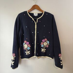 Vintage Hand Embroidered Crochet Cardigan | Floral Appliqué Grandma Sweater